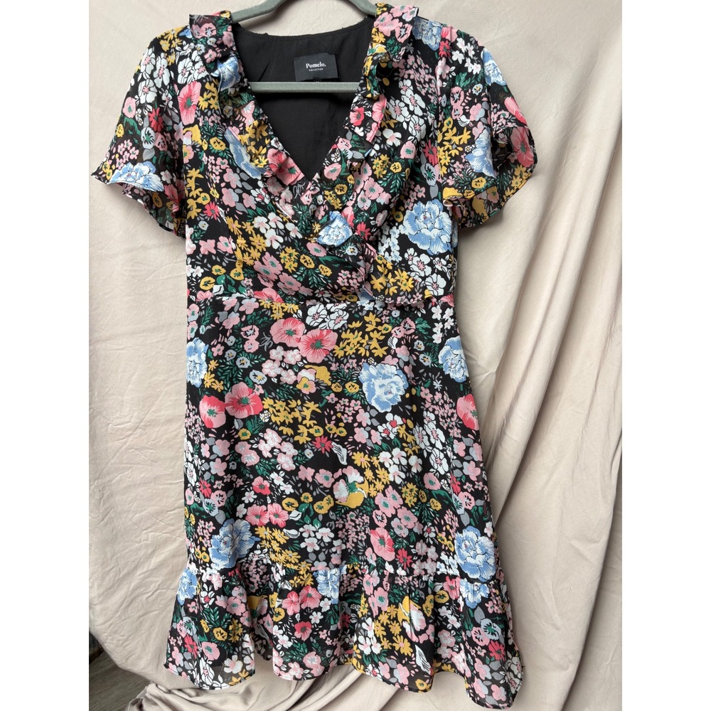 Pomelo Collection Floral Ruffle Wrap Mini Dress Womens Medium Black Multi Color